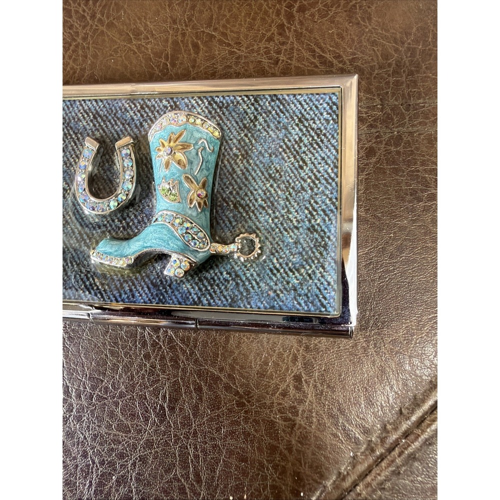 Western Cowgirl Compact Mirror Turquoise Boot Horseshoe Rhinestone Denim Purse - Picture 4 of 16